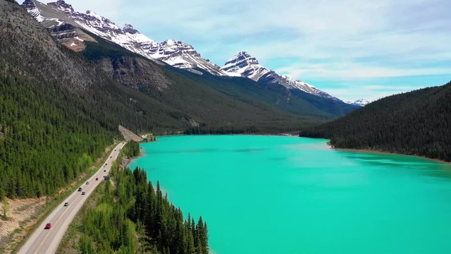 Aerial panorama view of the scenic Waterfowl Lakes on the Icefields Parkway in Banff National Park, Alberta, Canada