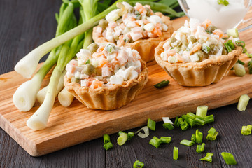 snack with ham, cheese, pepper and tomato in tartlets. Square. Concept of food, restaurant,...