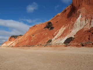 Fototapeta na wymiar Red high cliffs at Praia da Falesia, a paradise beach in Albufeira in Portugal