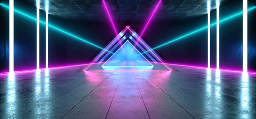 Future Virtual Neon Glowing Lights Purple Blue Triangle Shape Construction Stage Podium Club Dark Night Laser Sci Fi Show Futuristic Vibrant Reflective Concrete 3D Rendering