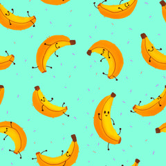 Seamless endless textile pattern design cute funny bananas on blue background random