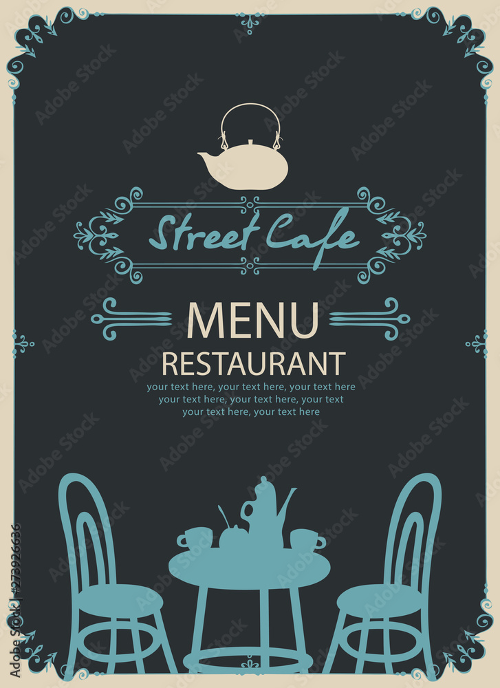 Poster vector menu for street cafe or restaurant with table set for two, chairs and tea in retro style with