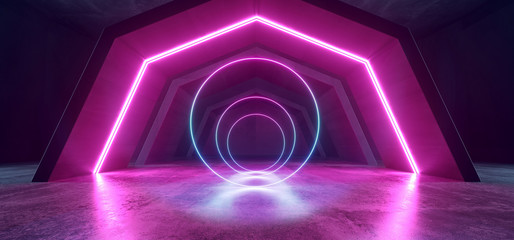 Neon Lights Future Sci Fi Tunnel Corridor Glowing Purple Blue Vibrant Scene Podium Club Night Dark Laser Show Concrete Grunge Reflective 3D Rendering