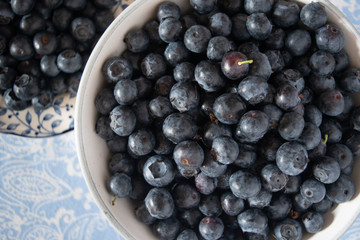 Fresh picked blueberries in a light and bright kitchen environment.