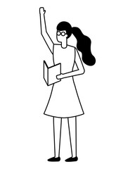 woman with document waving hand
