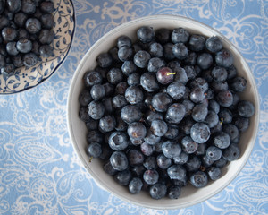Fresh picked blueberries in a light and bright kitchen environment.