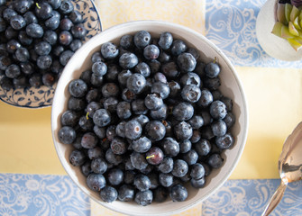 Fresh picked blueberries in a light and bright kitchen environment.