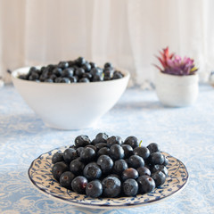 Fresh picked blueberries in a light and bright kitchen environment.