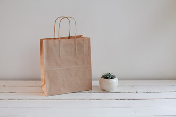 A paper bag and a beautiful succulent on a light wooden floor. Simple brown paper bag for lunch or meal. The layout for the design. Environmental ship packages.