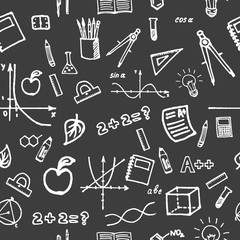 School, learning. Seamless pattern with school supplies. Charts, functions. School time.  Light pleasant background, design element, print, textile.