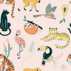 Jungle animals color vector seamless pattern. Flamingo, parrot, tiger background. Flora and fauna. Wild nature. Birds and predators. Decorative animal textile, wallpaper, wrapping paper design