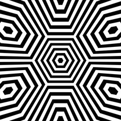 Abstract Black and White Geometric Pattern with Polygons. Contrasty Optical Psychedelic Illusion. Striped Hexagonal Texture. Raster Illustration