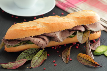 French dip  sandwich with Roast beef and chard salad