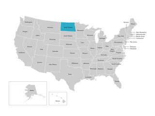 Vector isolated illustration of simplified administrative map of the USA. Borders of the states with names. Blue silhouette of North Dakota (state)