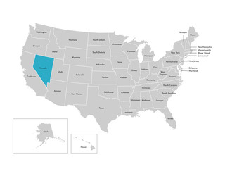 Vector isolated illustration of simplified administrative map of the USA. Borders of the states with names. Blue silhouette of Nevada (state)