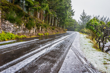 Bad weather with snow at the road to Pico Ruivo, Madeira