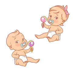 Little baby boy and girl in diaper sitting playing with toys