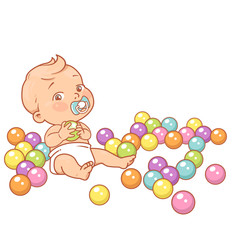 Fototapeta na wymiar Little baby boy in diaper hold plastic ball.