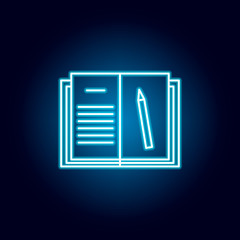 homework, book, pencil outline icon in neon style. elements of education illustration line icon. signs, symbols can be used for web, logo, mobile app, UI, UX