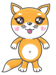 Cute fox cartoon vector illustration. Smiling baby animal foxy in kawaii style isolated on white background.