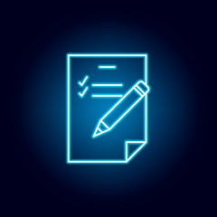 pencil, list, paper outline icon in neon style. elements of education illustration line icon. signs, symbols can be used for web, logo, mobile app, UI, UX