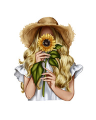 Fashion Illustration - Girl holding a sunflower - woman Portrait 