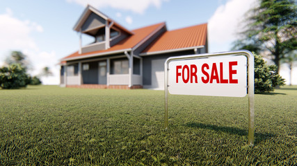 Real estate sign for sale and house in background 3D rendering