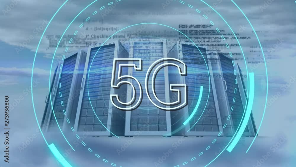 Poster 5g written in the middle of a futuristic circles with program codes and server towers