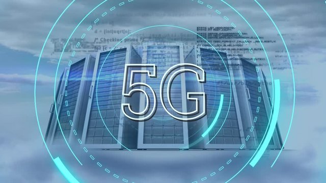 5G written in the middle of a futuristic circles with program codes and server towers