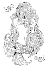 JPEG drawing fantastic sea mermaid with long wavy hair sits with his back. Ornamental decorated graphic illustration of a mermaid tattoo. Coloring page sea nymph. Fairy tale characters print t-shirt	