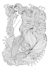 Vector drawing fantastic sea mermaid with water lily in long wavy hair on the web. Ornamental decorated graphic illustration mermaid tattoo. Coloring page sea nymph Fairy tale characters print t-shirt