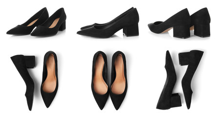 Set of stylish female shoes on white background