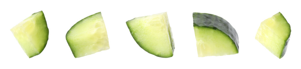 Set of cut fresh cucumber on white background. Banner design