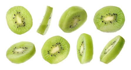 Set of cut fresh juicy kiwi on white background
