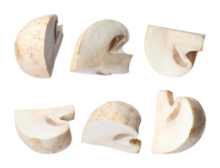Set of flying cut fresh mushrooms on white background, closeup
