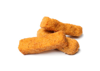 Pile of tasty cheese sticks isolated on white