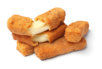 Fototapeta na wymiar Pile of tasty cheese sticks isolated on white