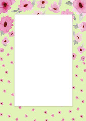 Flowers composition. Rectangular green frame made of pink flowers and leaves with space for text