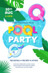 Pool party poster or banner design template. Vector flat cartoon illustration. Summer weekend and events outdoor leisure