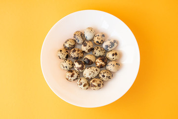 Raw quail eggs in white plate on yellow background. Easter.
