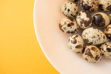 Fototapeta premium Raw quail eggs in white plate on yellow background. Easter.
