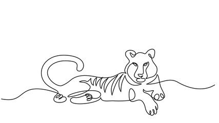 Continuous one line drawing. Tiger lying symbol.