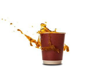 Сoffee splash in paper coffee cup isolated on white background. Concept: coffee advertising