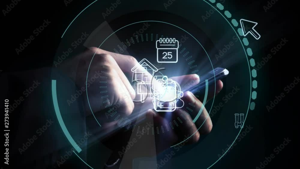 Poster man using a mobile phone and 5g written in the middle of a futuristic circles with application icons