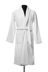 New comfortable bathrobe on mannequin against white background