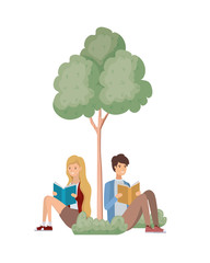couple sitting with book in landscape with trees and plants