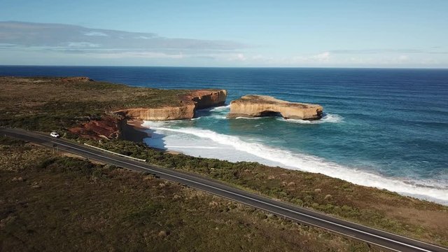 An aerial view of London Bridge on the Great Ocean Road in Victoria, Australia