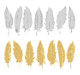 Set of gold and silver feather. Vector illustration. EPS 10.