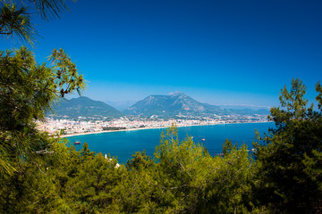 Fototapeta na wymiar Beautiful view of the Mediterranean Sea, the mountains, the forest and the city. Turkey, Alanya.