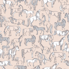 Seamless illustration of relaxing and playful horses in different poses. Vector pattern in shades of cream, soft pink and grey. Designed for scrapbooking, wallpaper, gift wraps, fabric, home decor.